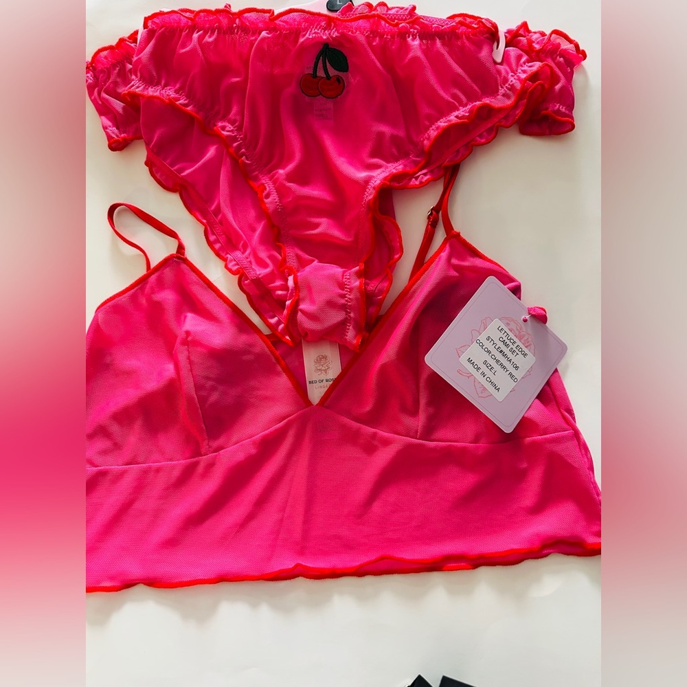 Bed of Roses Bralette Set Lingerie Sexy Cherry Red Embroidered Pink Sz Large NWT